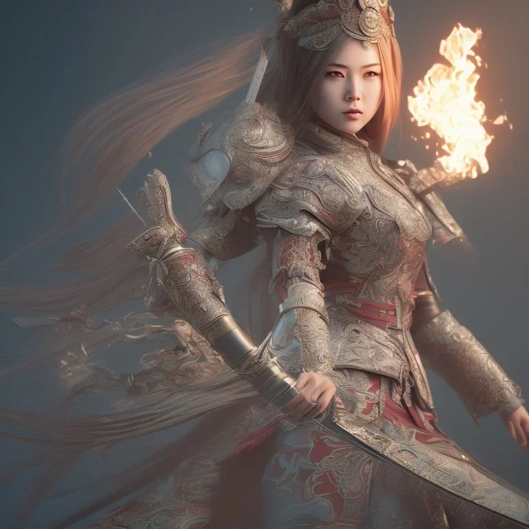 wonderfull woman japanese, clothes samurai, sword flame, incredibly detailed, ultra high resolution, 8k, complex 3d render, cinema 4d.