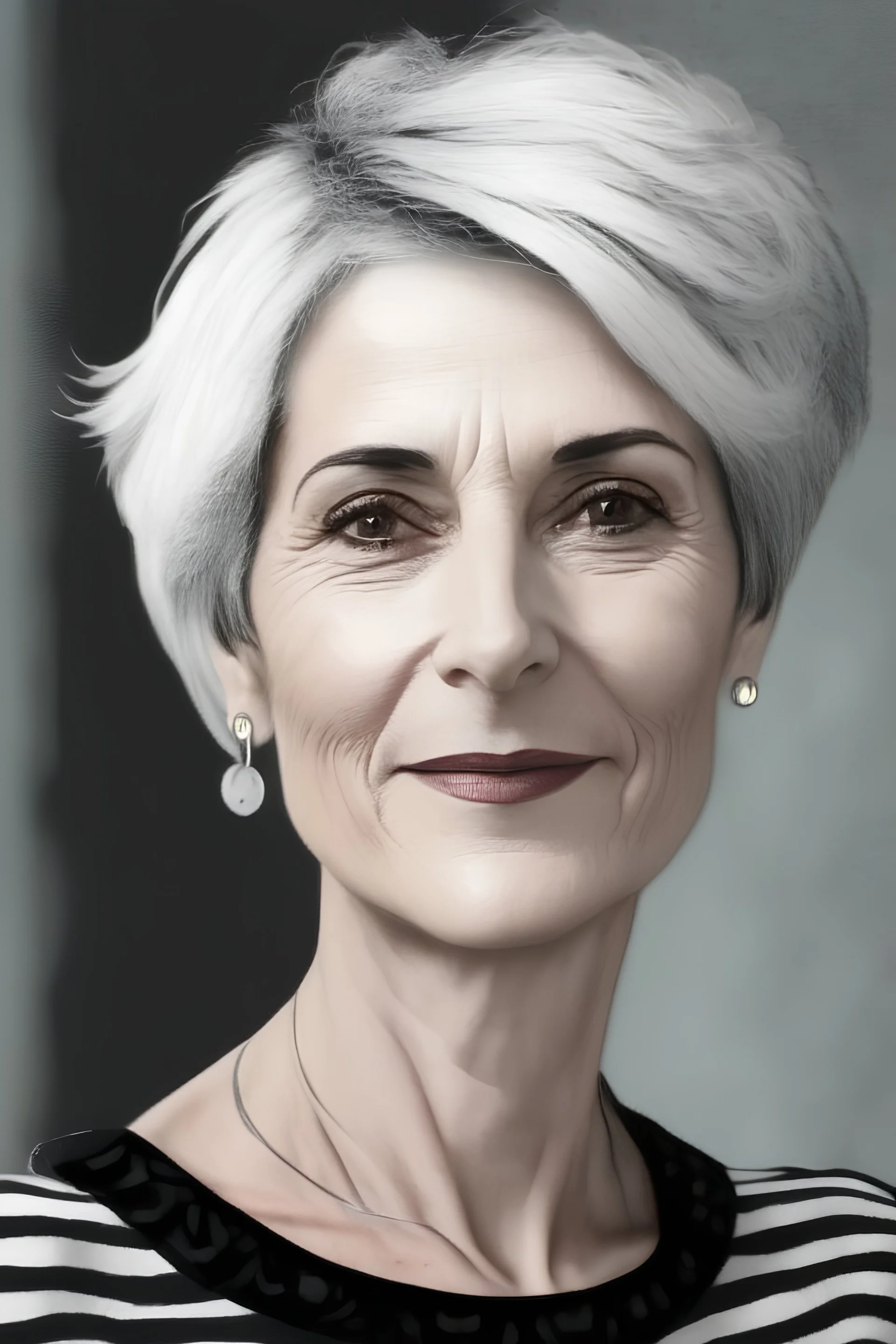 a beautiful European woman, in her 40s, short white hair, brown eyes, wearing a stripe black and white shirt, digital drawing, 4k