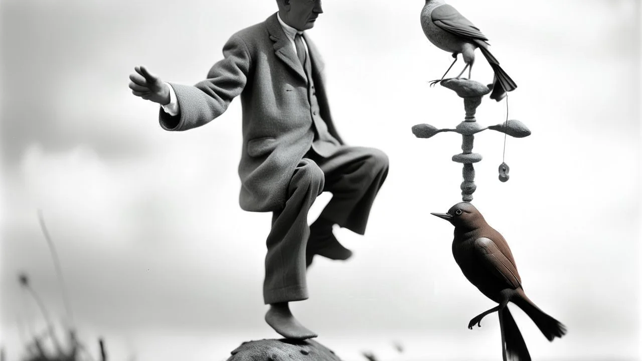 balance, man and bird, bizarre, surreal, art brut, outsider art, a black and white photo, pexels contest winner, 1940s, high quality photo,