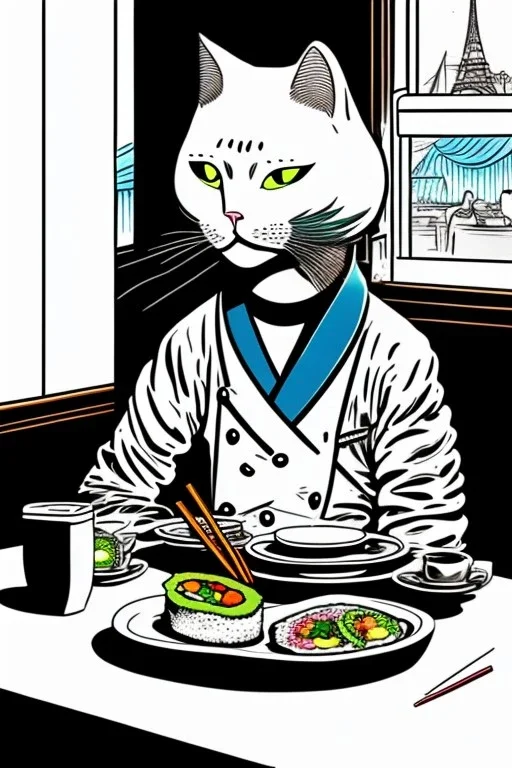 Cat, sitting at a table, eating sushi,perfect iris, ink and pencil, style Tintin