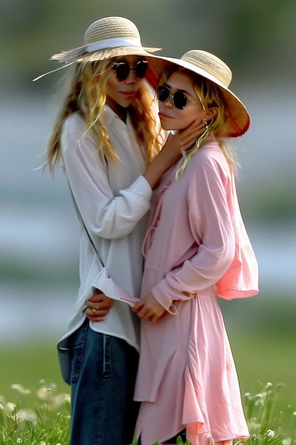 ((Mary-Kate and Ashley Olsen a warm hug)),Her laughter floats harmoniously with the sound of seagulls, infusing the air with a joyful melody. A vivacious energy radiates from her as she gracefully adjusts her oversized sun hat, casting a charming shadow on her sun-kissed face. The rhythmic crashing of waves seems to echo her carefree spirit.