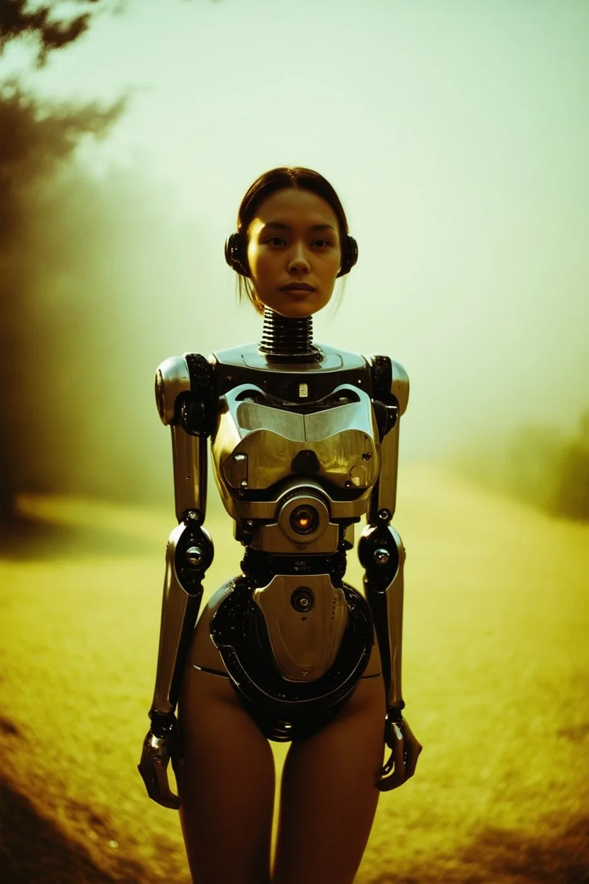 steampunk, vintage analog polaroid of a woman robot, female body, fog, lomography, heavy film grain, sun, color bleed, depth of field, bokeh, retro