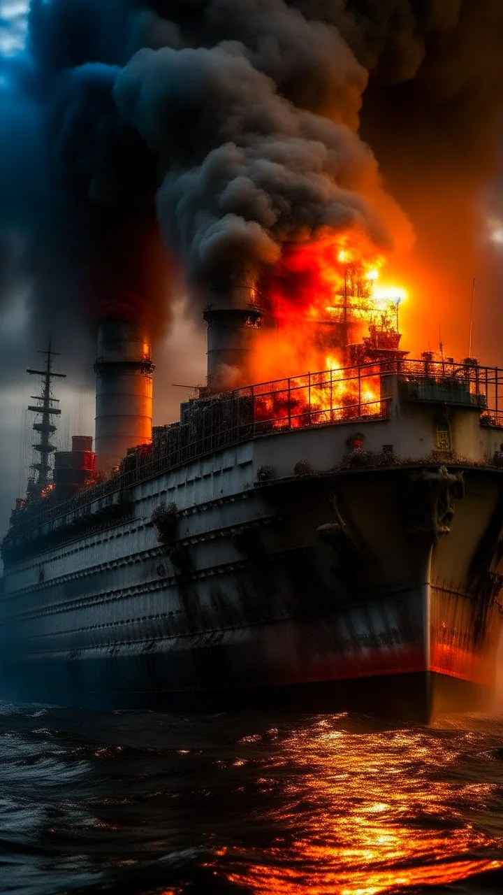 ,surrealism of the dark of a nightmare , hyper photorealistic, hyper detailed dark art color, high resolution, fog, octane render, tilt shift, HDRI Environment, all pictures dark gray, a submarine on fire