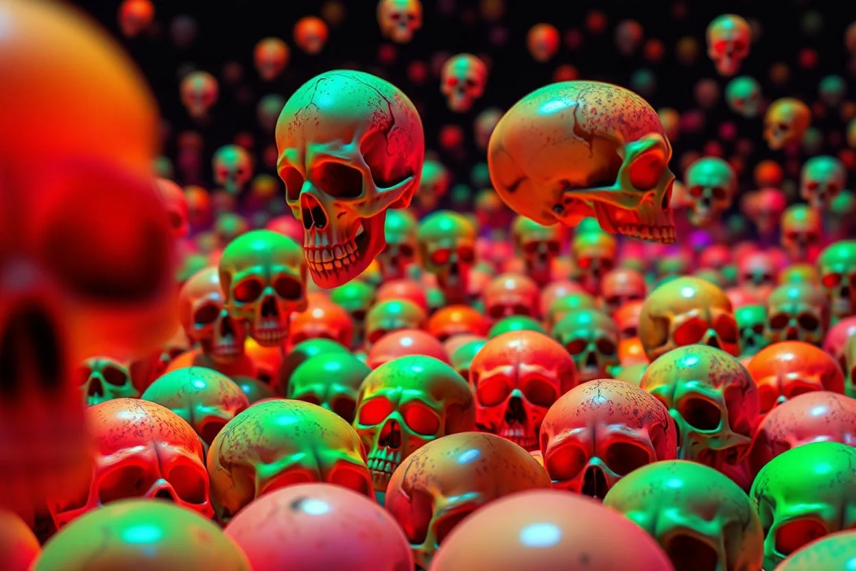 a field of 1000s of psychedelic psilocybin induced anatomically correct, skulls, vivid RANDOM BRIGHT neon colors, dark comedy, well lit, high detail, photorealistic, horrorcore, fun, scary, none featured, each a different color or hue,