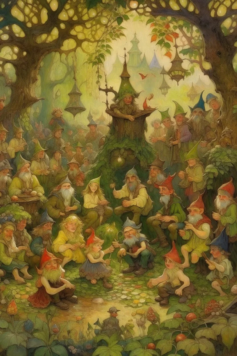 Prompt: Impressionist painting of a garden party of elves and fairies and dwarves --ar 3:2