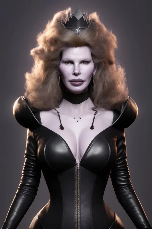 Kim Basinger as evil queen in black leather, busty, cleavage, curvy, angry, happy, stern look. character design by cory loftis, fenghua zhong, ryohei hase, ismail inceoglu and ruan jia. unreal engine 5, artistic lighting, highly detailed, photorealistic, fantasy