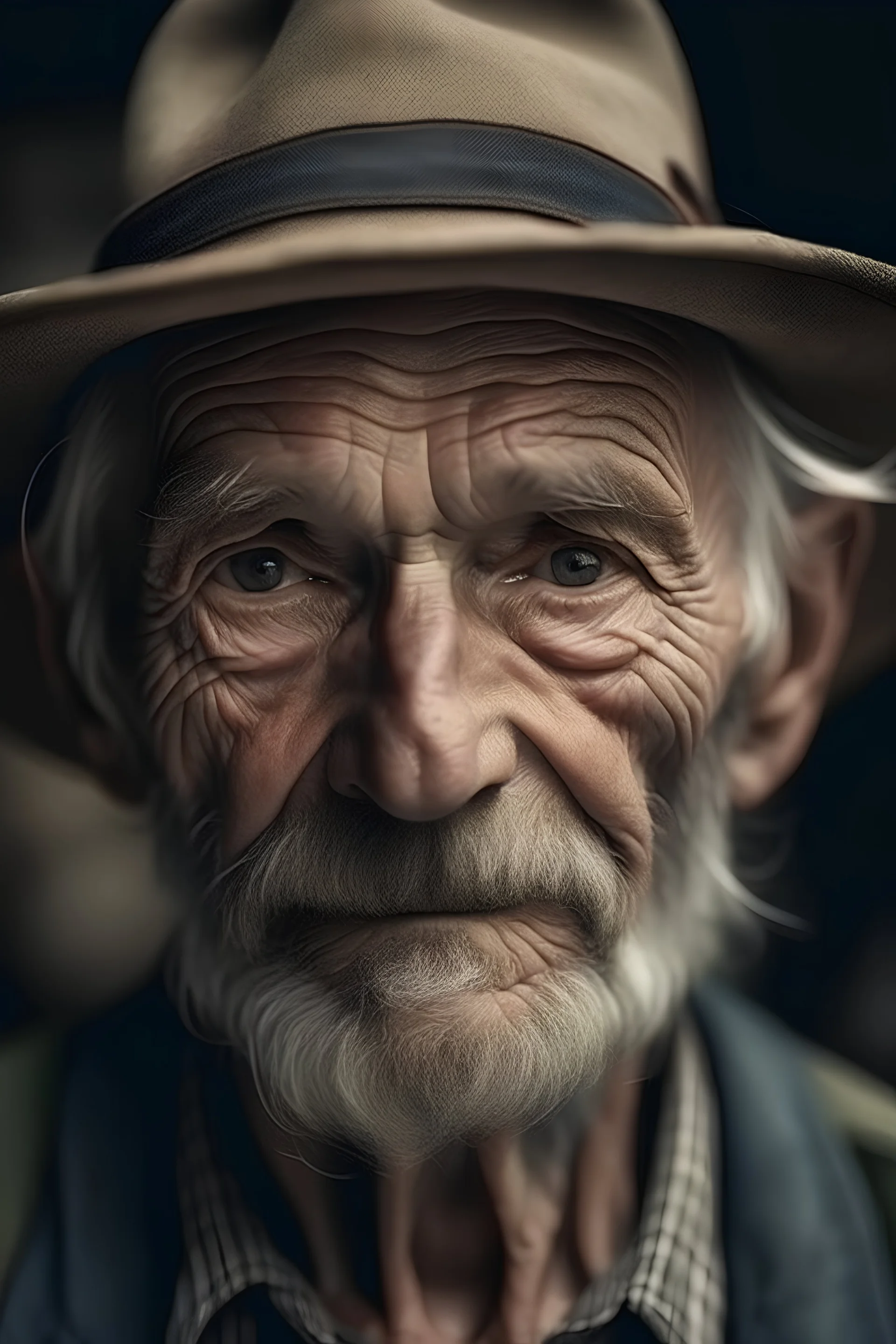 A beautiful, sharp-eyed, stern old man with a strong personality and a worker's hat on his head