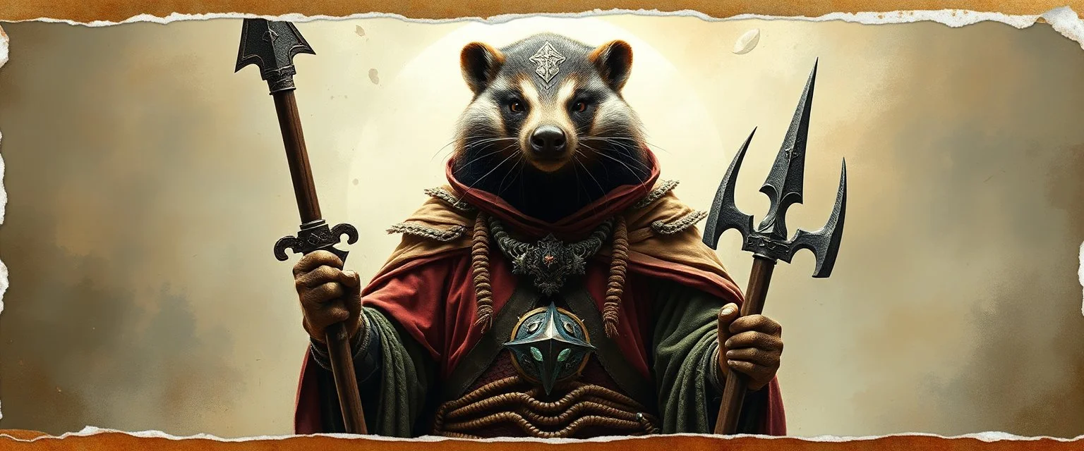 3d airbrush render, full body of elven badger warrior priest , pinhole cam, airbrush 3d rendering, in the style of Titian and Dali , torn edges on border