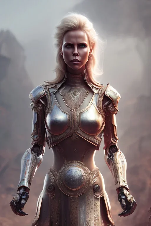 charlize theron robot makeaup colored, viking clothes atmospheric, realistic, unreal engine, cinematic lighting, octane render.