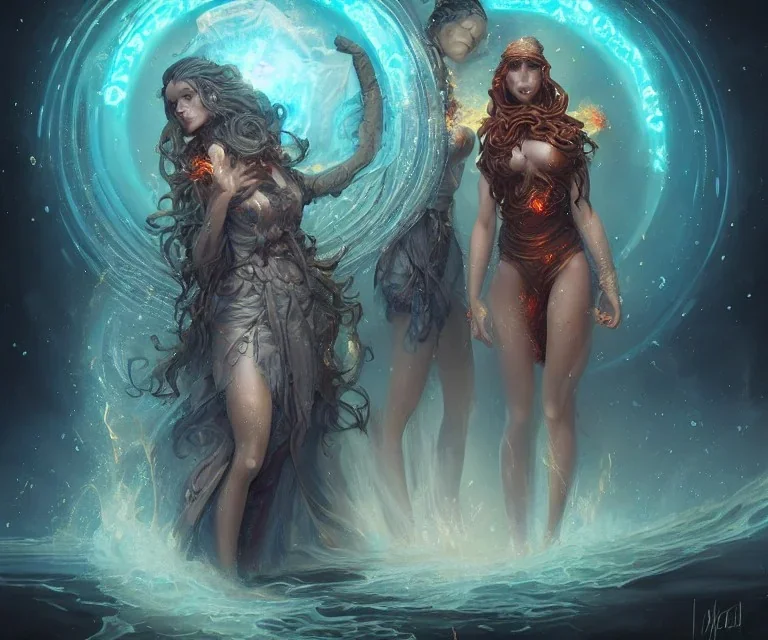 Four doll divine representing each one the four elements: Fire: Earth: Air: Water. Mark Brooks and Dan Mumford, comic book art, perfect, smooth elemental galactic space core. Detailed photograph, WLOP, Unreal Engine 5 volumetric lighting Insanely intricate face hair lashes hyper detailed painting by Ismail Inceoglu Huang Guangjian and Dan Witz Central fantasy art album cover art resolution HD