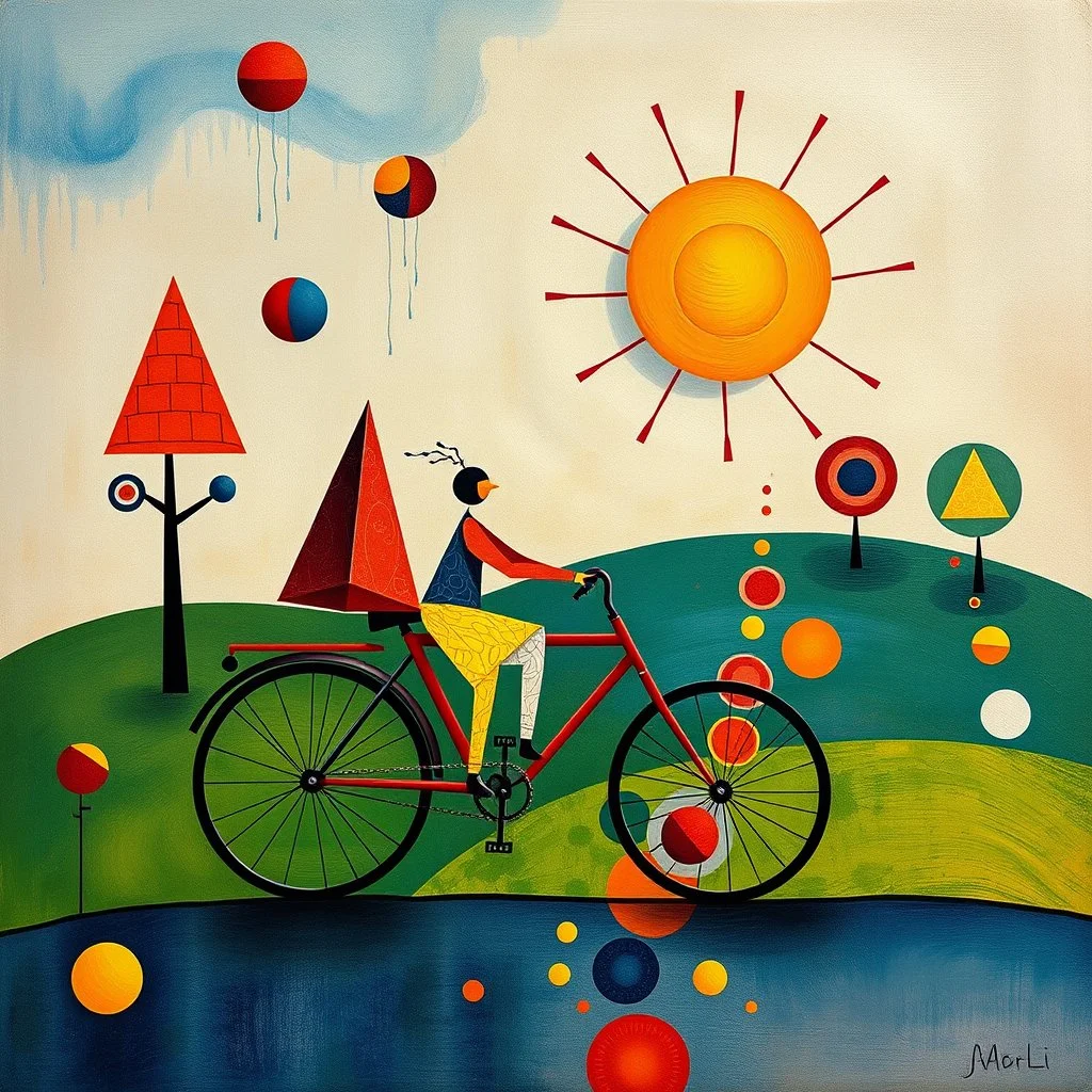 create a whimsical surreal artwork in the style of Joan Miró, symbolic non-human geometric figures on a bicycle, surrounded by floating abstract shapes, colorful triangles as trees, circles like cosmic symbols, a segmented sun dominating the sky, dreamlike vibrant palette with playful textures --ar 16:9 --v 7 --style 4b --q 2