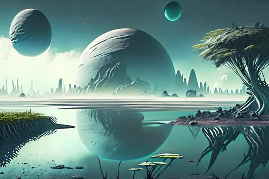 Alien landscape with grey exoplanet in the sky, Lagoon, vegetation, sci-fi, concept art, movie poster