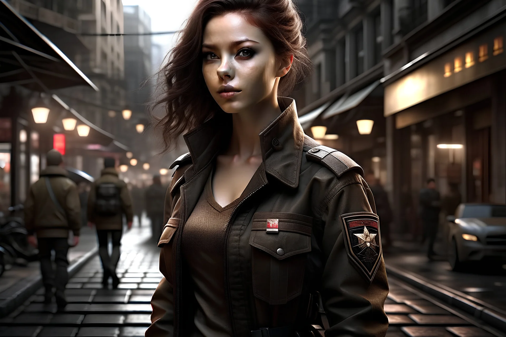 Digital art, high quality, digital masterpiece, natural illumination, spotlight, realistic, film style, (full body:2.5), (1 beautiful russian girl standing on the streets:3), (dark brown hair:1.8), (sexy eyes:1.8), (Sexy Army uniform:2), (Urban background:1.8)