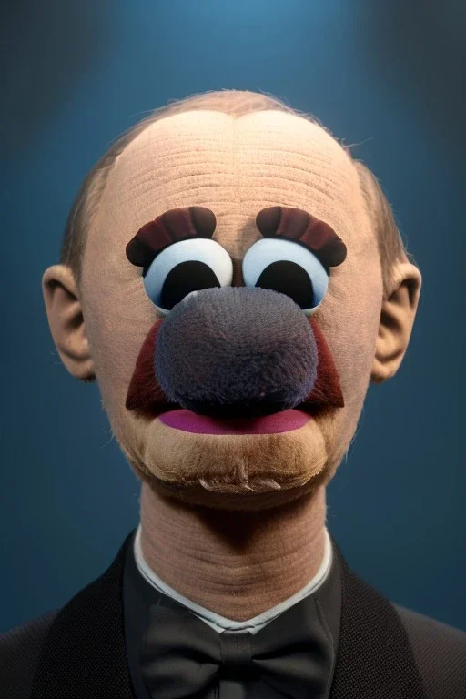 Waist up muppet Portrait, Vladimir Putin as muppet doll, Black suit, photo studio, blue background, unreal engine 5, concept art, art station, god lights, ray tracing, RTX, lumen lighting, ultra detail, volumetric lighting, 3d.