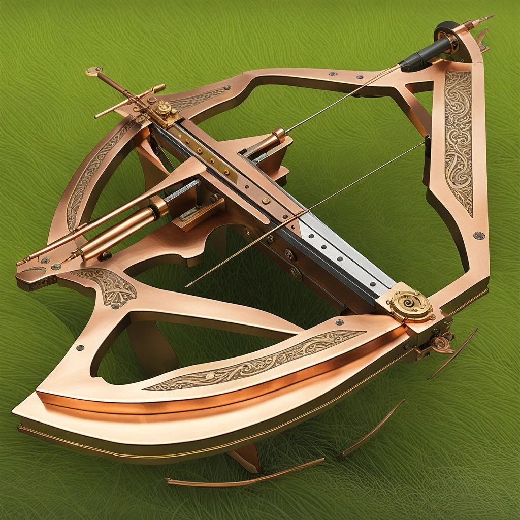 medieval automatic crossbow, bolt magazine on top, copper gearpunk, loading handle