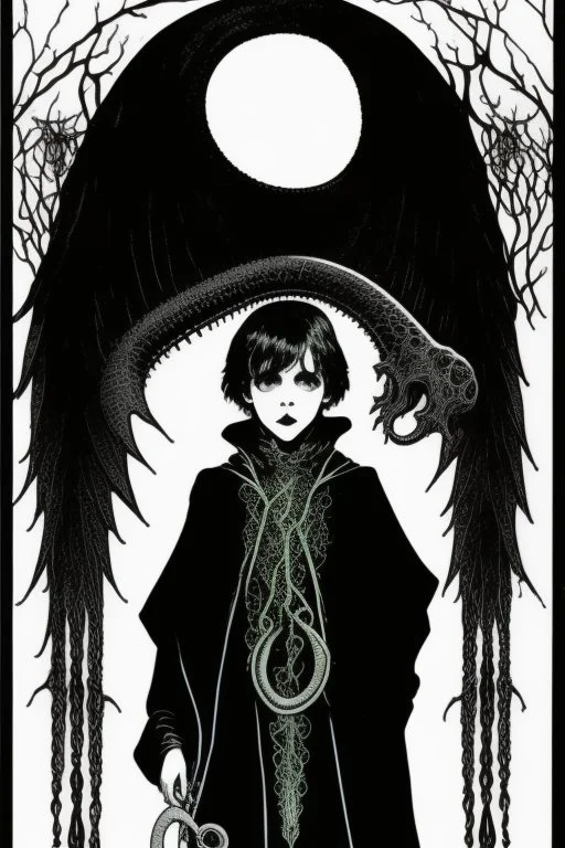 7 year old boy, necromancer, friendly, looks dead,with a lamprey serpent , wearing black robes, in the style of Harry Clarke