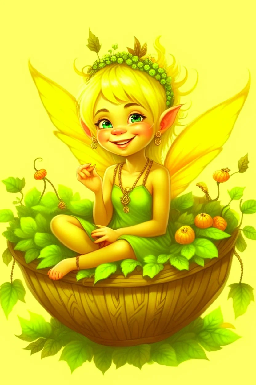 Fantasy art: A small, cute, cheerful fairy with golden hair, sitting in a small basket. The basket is actually an earring on the ear of a big giant.