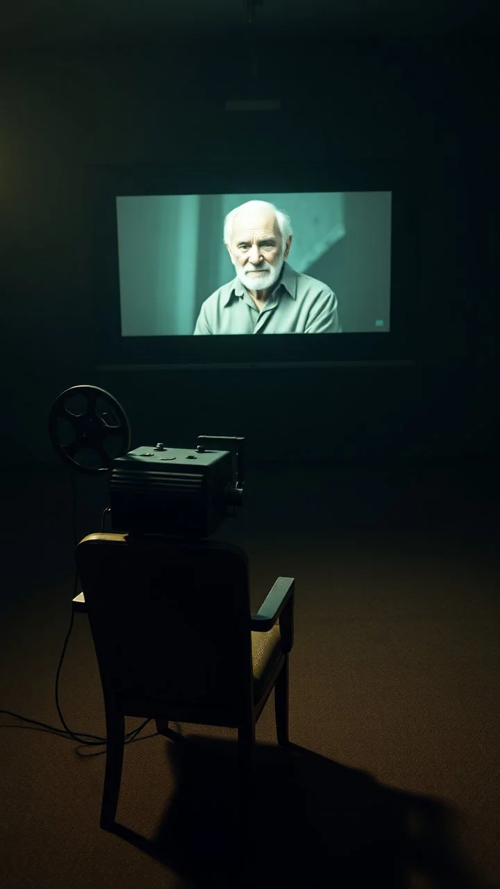 An old movie projector in side an empty dark room with an empty chair facing the screen, in the screen is picture of an old man on the , show the beam of the projector to the screen