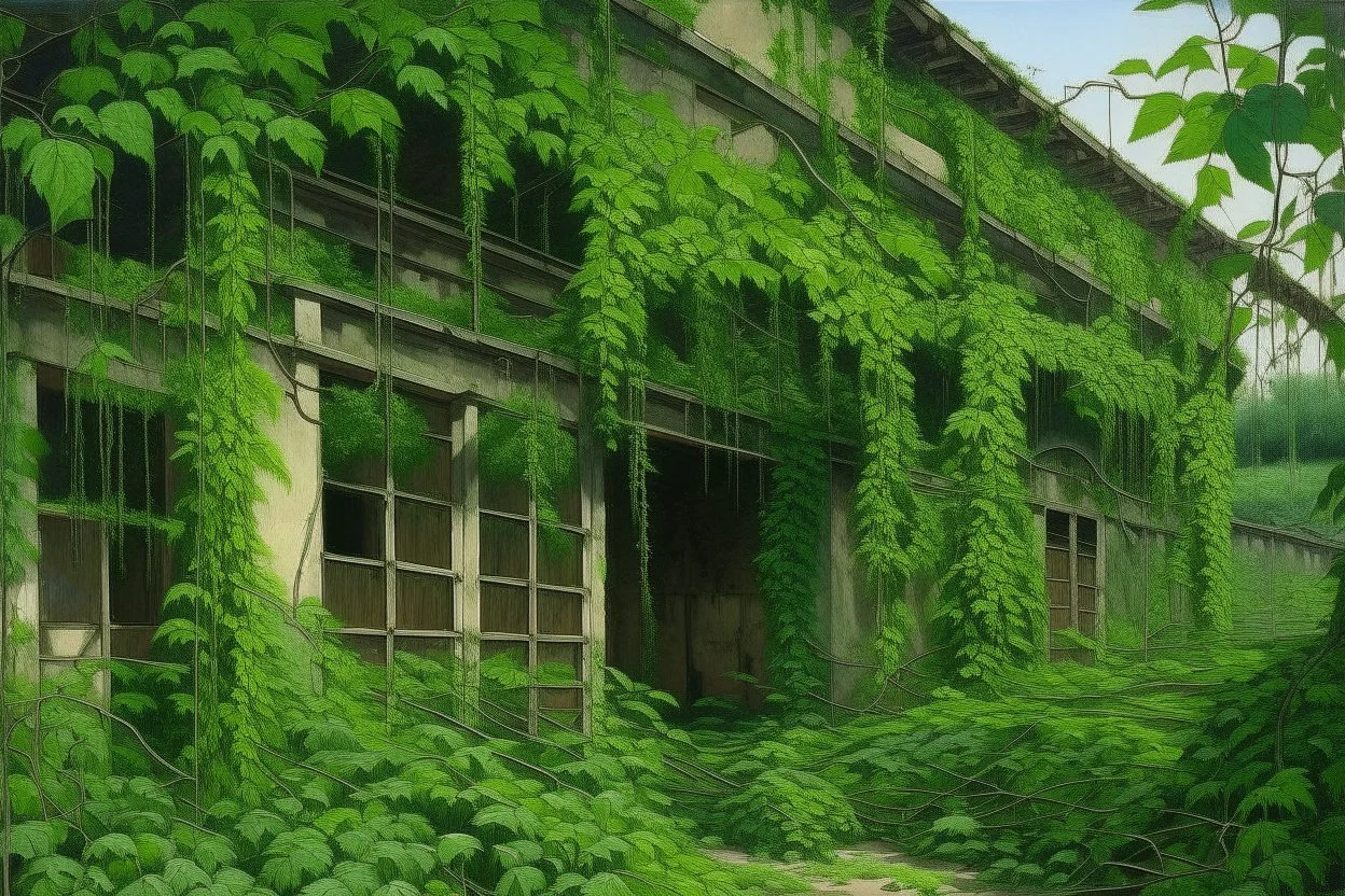 A green warehouse with overgrown vines painted by Henri Robert-Bresil