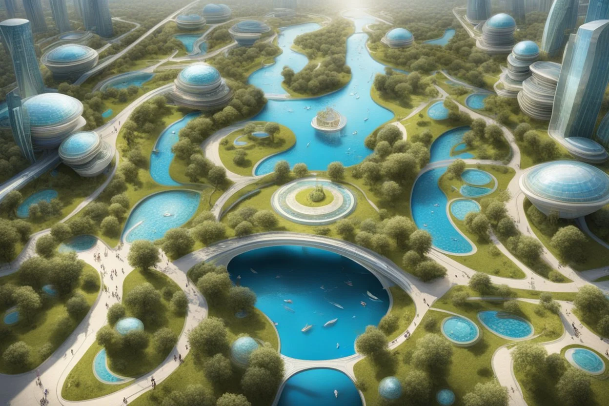theme park of the city of the future 2050, fairy tale, radiance, abstraction, bird's eye view, walking park