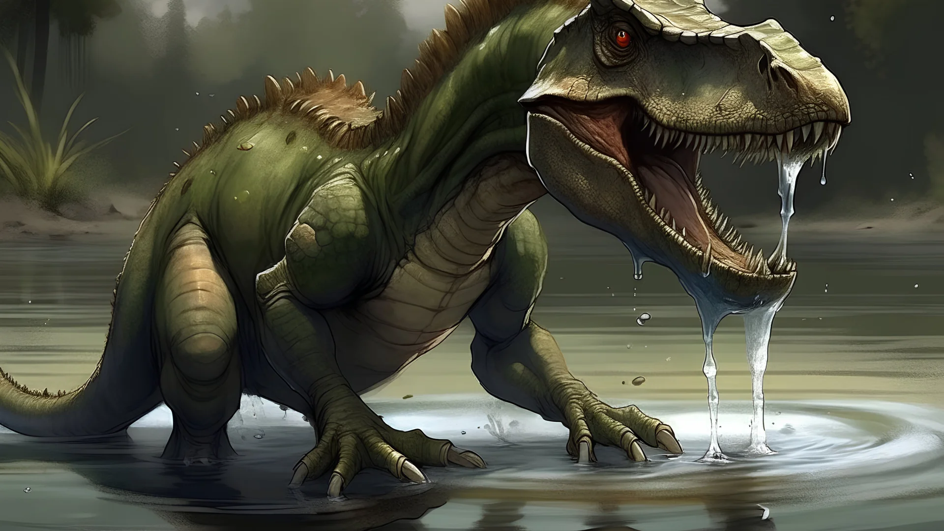 dinosaur drinking water, James Gurney style