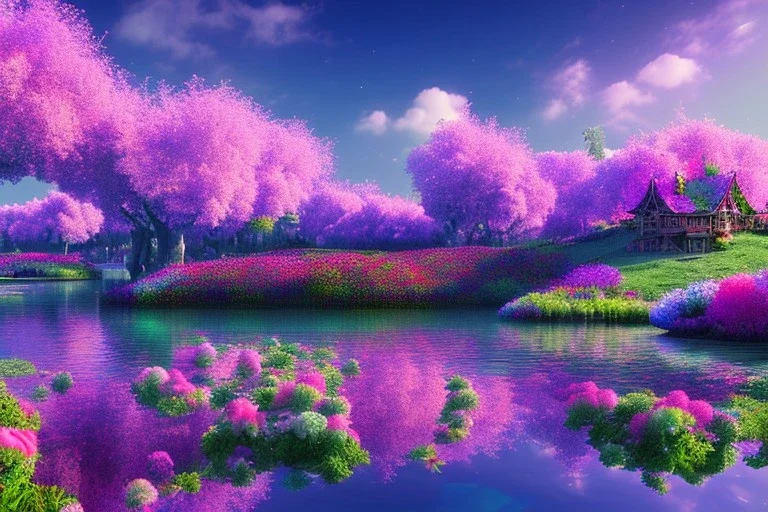 monde en fleurs, blue lake, flower tree-houses, concept art, crépuscule , fuksia bleu oranger, vibrant Color, réaliste, riviere bleu, tree-house bougainvillier, roses