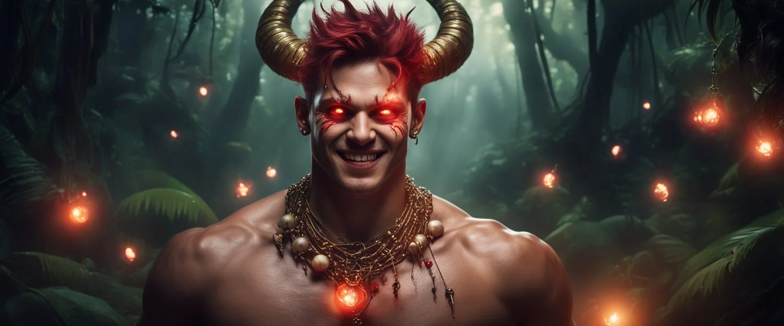 HYPER REALISTIC PHOTOGRAPHIC Middle Angle View Of A Handsome Muscular Young Man With Ritualistic Costume With Bone Necklace Unleashing Glowing Magic Balls, With A Fierce Devilish Smiling Expressions On His Face With Glowing Red Eyes With Short Messy Maroon Hair & Golden Horns In A Dark Dense Jungle At Dark Night With Fireflies Showing Dramatic & Cinematic Ambiance