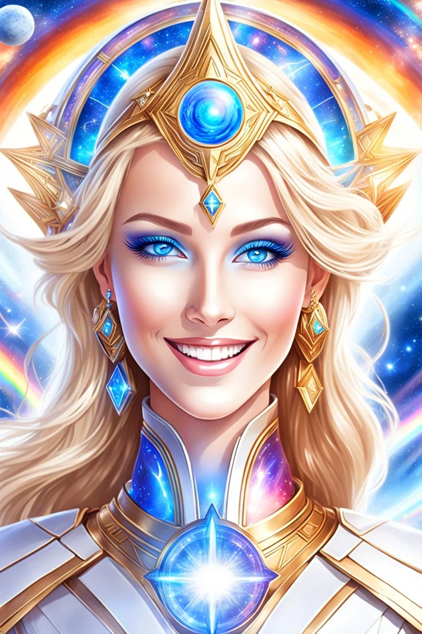 cosmic woman smile, admiral from the future, one fine whole face, crystalline skin, expressive blue eyes,rainbow, smiling lips, very nice smile, costume pleiadian, Beautiful tall woman pleiadian Galactic commander, ship, perfect datailed golden galactic suit, high rank, long blond hair, hand whit five perfect detailed finger, amazing big blue eyes, smilling mouth, high drfinition lips, cosmic happiness, bright colors, blue, pink, gold, jewels, realist, high,rainbow commander, intergalactic ufos