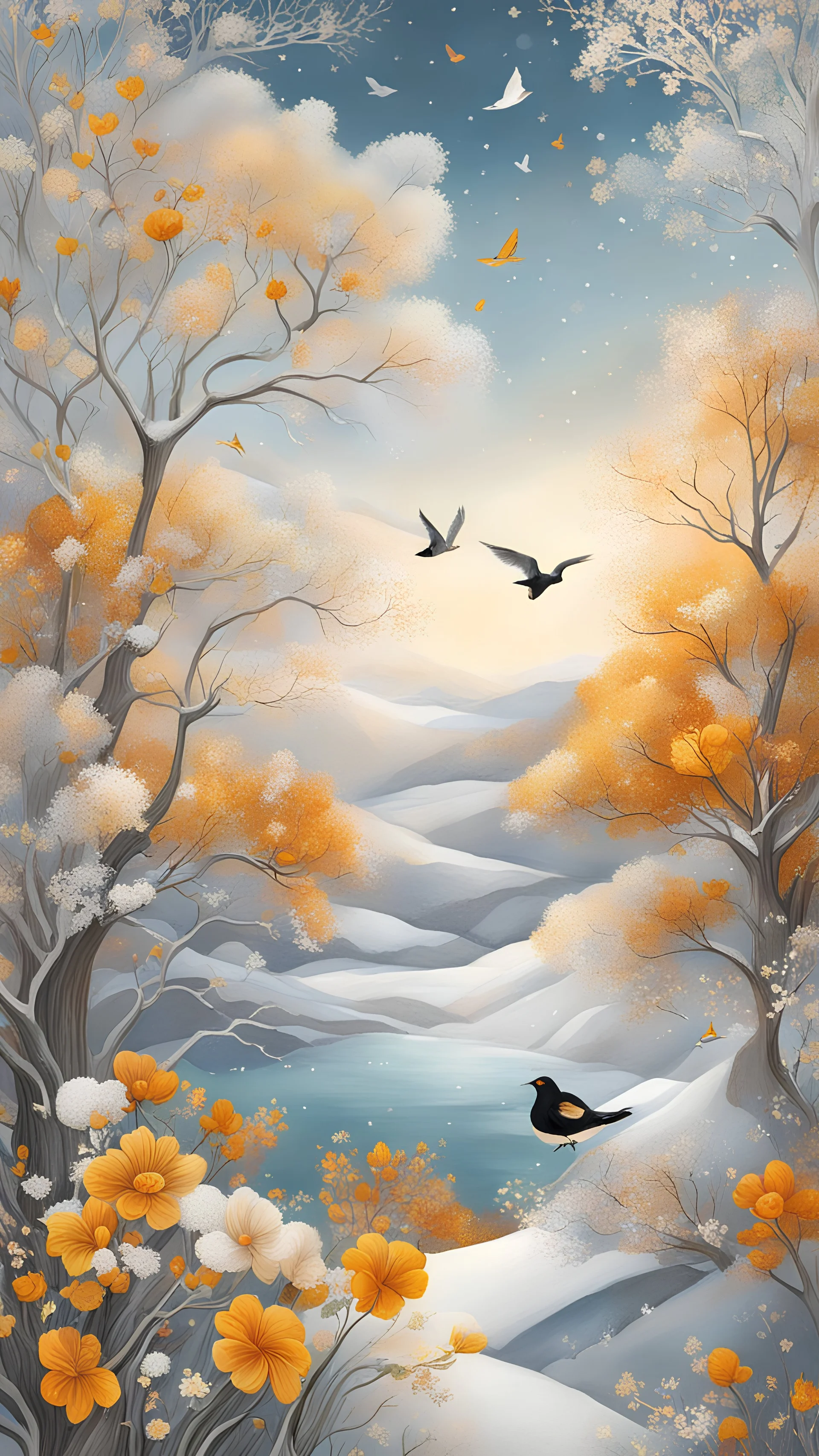 an art book with an illustration of birds in the tree and flowers, in the style of light silver and light amber, whimsical dreamscapes, american scene painting, aerial view, whimsical animals, snow scenes, glistening