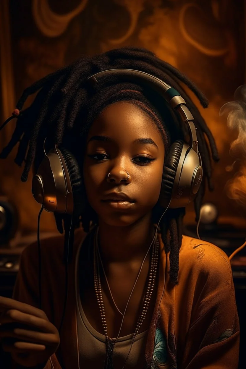 earthy black young woman listening to music with headphones, soul, peace, majestic, earthy colours, at peace, happy, incense, jewels, bands, natural, old school headphones, siren eyes