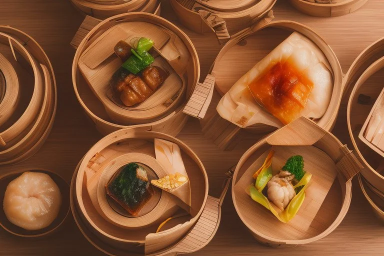 A selection of Dim Sum in bamboo steamer baskets, on a table in a posh restaurant using the Sony Alpha A7R IV, food photograpy style, macro lens, close up shot 50mm f/ 1, 4