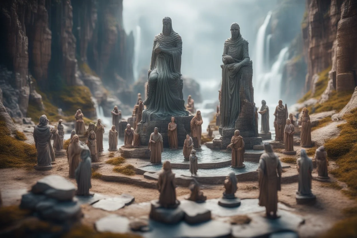 archeologists discovering storm giant people in minas tirith worshipping statues and idols, on a strange planet with weird colors and waterfalls, bokeh like f/0.8, tilt-shift lens 8k, high detail, smooth render, down-light, unreal engine, prize winning