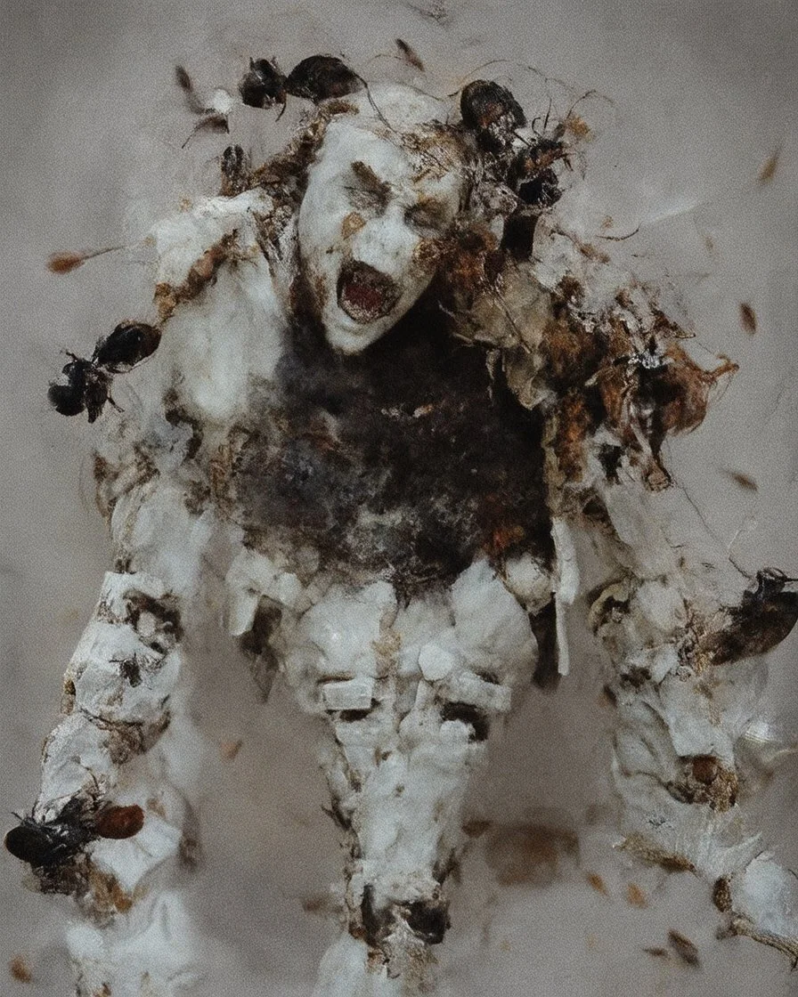 horror, swarming mechanical robotic insects, screaming mannequin, pain, decay