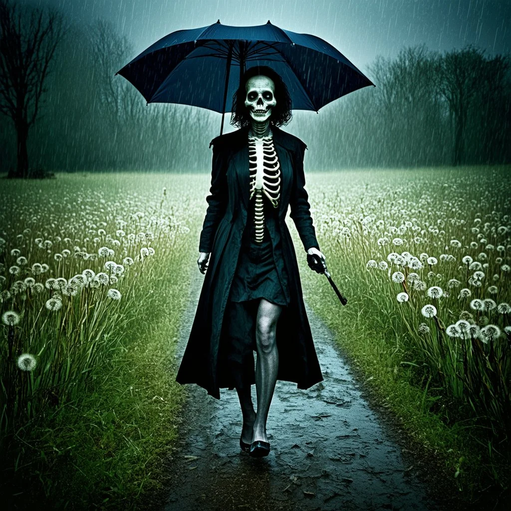 surreal grainy photograph, undead aristocratic woman facing the camera walking a beaten path in an empty dandelion meadow in the pouring rain holding an umbrella made of rib cage bones, sinister, profound, dramatic, and fantastical dark dream atmosphere of the scene