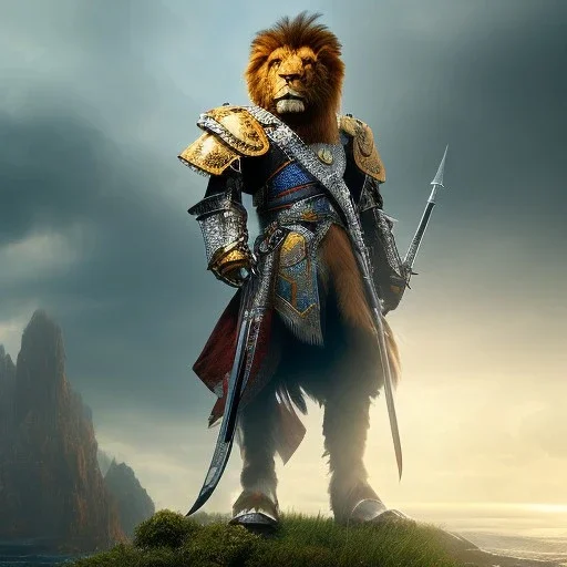 anthropomorphic Lion Warrior, realistic, HD4k, watery cloud background, close up shot,
