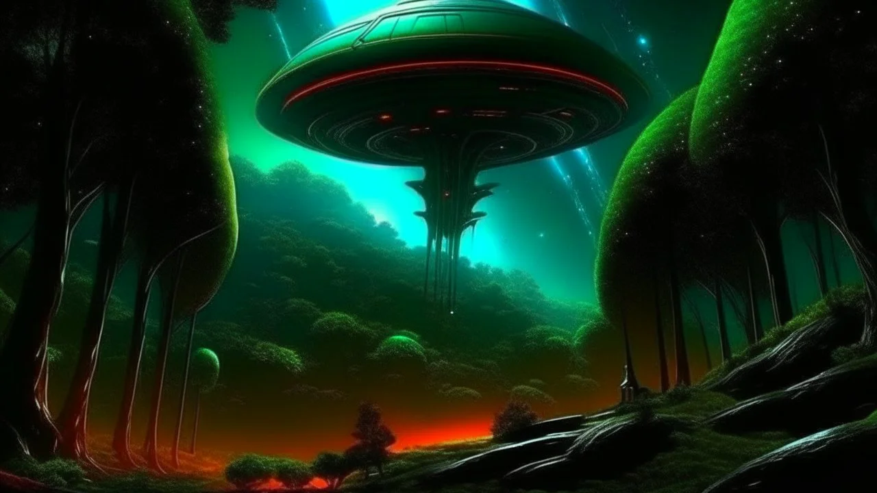 hyper realistic, tron legacy movie, space ships of the future, city of the future, green nad dark red trees , forest, space, planets, god status creations of the universe, face of an alien