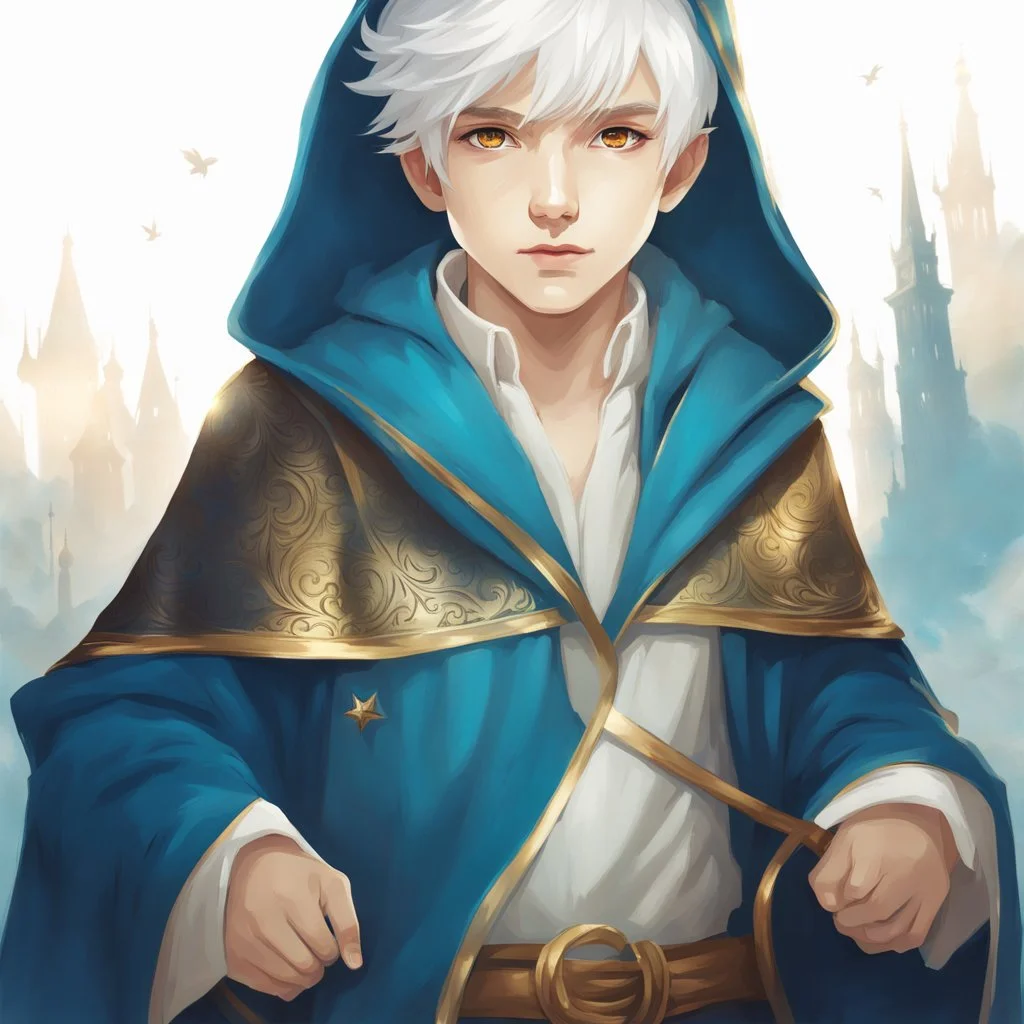 Fantasy World, A boy only wearing a closed wizards robe, and wearing a wizards hat. White Hair. Golden Eyes