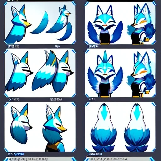 a fox fursona, furry, fursona, fursona reference sheet, high quality, 8k, fox tail, bird wings, feathery, anthropomorphic, master quality, cyberpunk