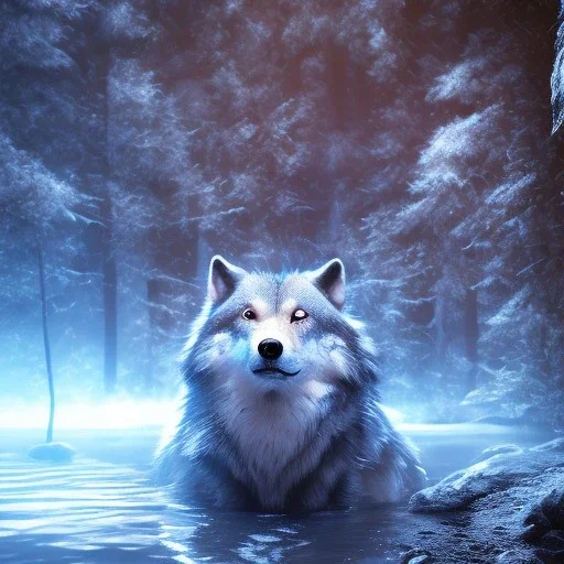 Wolf, blue, hyperrealism, masterpiece, expert, 8K, sharp focus, cinematic lighting, water, fire, blue, octane render