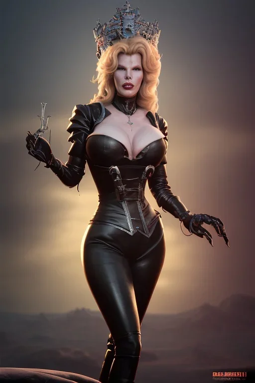 Kim Basinger as evil queen in black leather, busty, cleavage, curvy, angry, stern look. character design by cory loftis, fenghua zhong, ryohei hase, ismail inceoglu and ruan jia. unreal engine 5, artistic lighting, highly detailed, photorealistic, fantasy