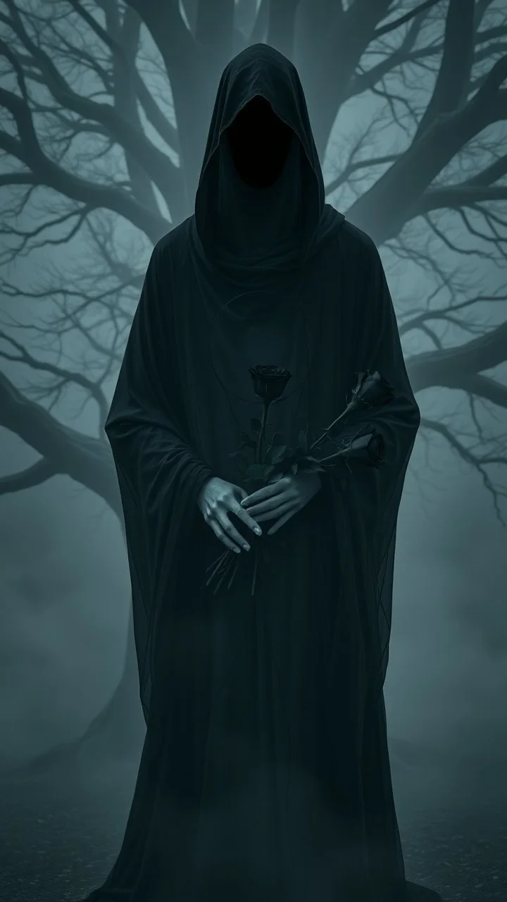 In a mesmerizing and ethereal manner, an otherworldly being emerges in the form of a translucent black hood statue flowing smoky black robes. He is holding a bouquet of black roses, in a foggy dark environment, Forward facing a big tree in the background