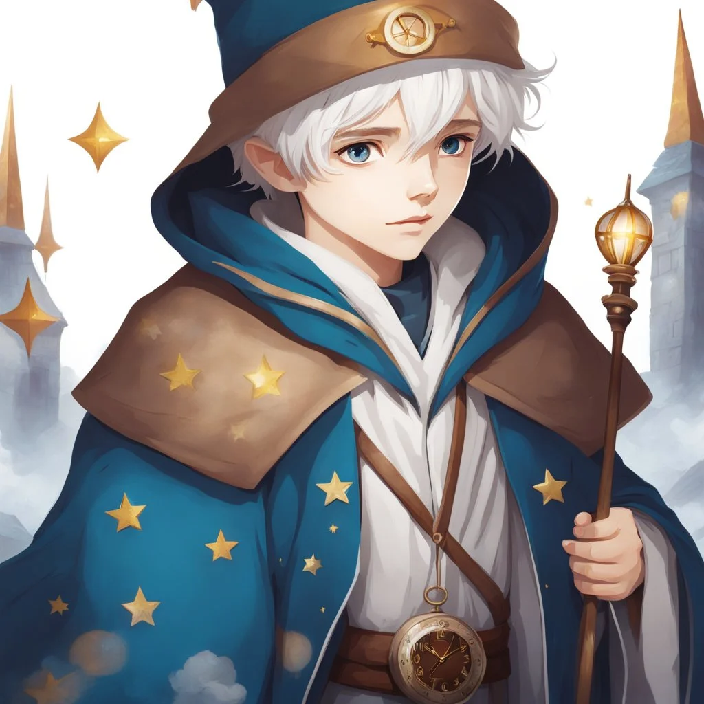 Fantasy World, A boy only wearing a closed wizards robe, and wearing a wizards hat. White Hair. Eyes That Looks Like a Clock.