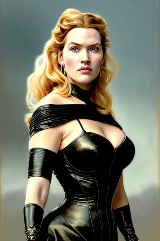 painting of kate winslet as evil queen in black leather gown, feminie, angry, stern look on her face, volouptous, busty, cleavage, emperious, mature, highly detailed, digital painting, artstation, concept art, smooth, sharp focus, illustration, art by gaston bussiere and alphonse mucha