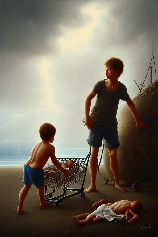 painting of boy next to man sleeping on beach, old clothes, dark storm clouds overhead, gloomy, bleak, shopping trolley, ship at sea, little fires