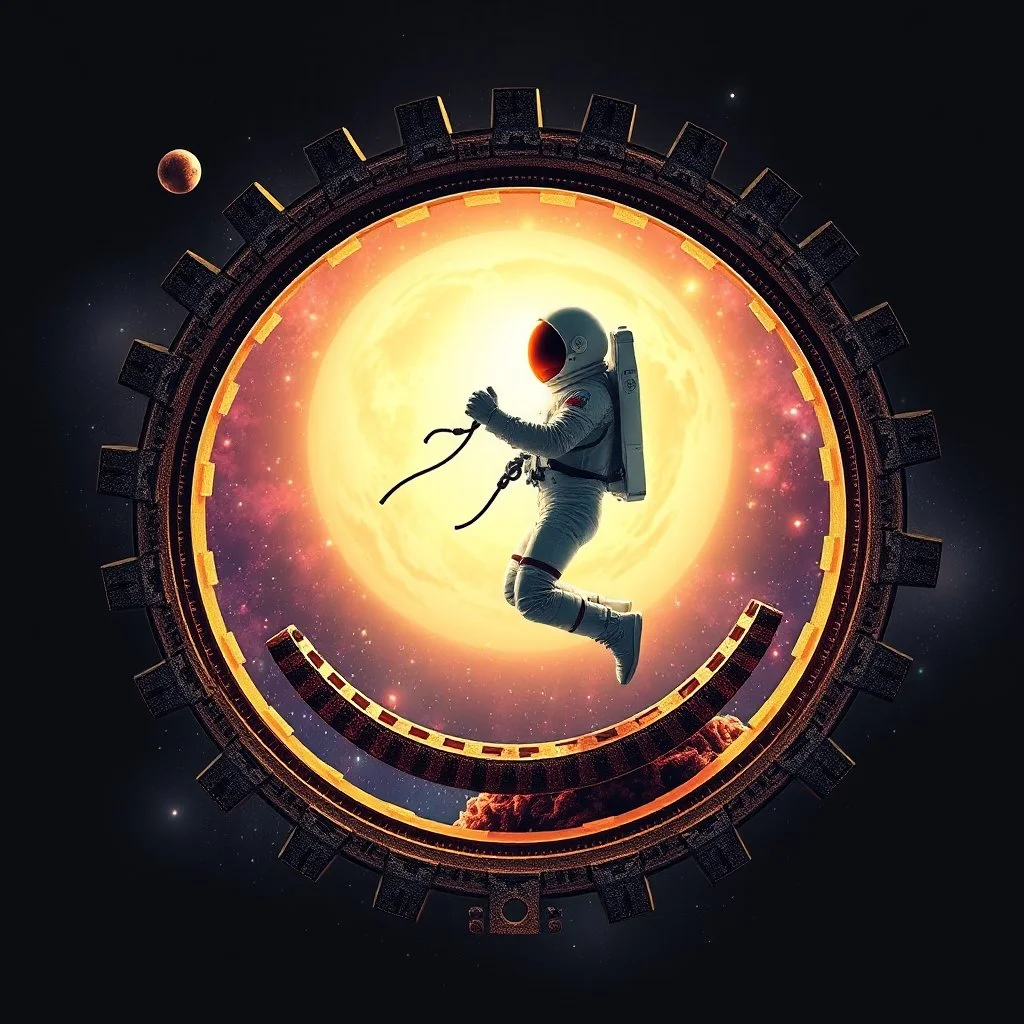 cifi recursive structures ,gears ,torus, crystal spheres in a galaxsy background,a Astronaut couple dancing