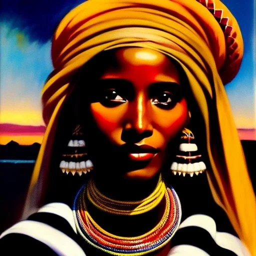 Drawing of 'woman from Wodaabe tribe',sweet stare,painting by Earl Norem, simon Bisley,frazetta,西嘛哒, evan lee, Vallejo,kelly,Paul Gauguin oil on canvas, cinematic composition, extreme detail,fit full head inside picture,8k