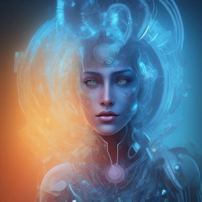 a beautiful and colorful facing portrait of one cyber punk woman shiva in 3D rendering with a mandala background blue and orange color scheme