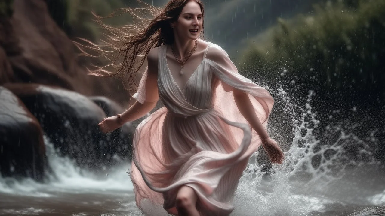 Hyper Realistic Photographic Close Shot Of A Beautiful Pashto Woman With Long Brown Wet Hair Wearing A White And Pink Tie-And-Dye Dress, Happily Jumping On A River Water And Enjoying Rain With A Beautiful Waterfall And Cloudy Weather At Heavy Rainfall Showing Dramatic And Cinematic Ambiance.