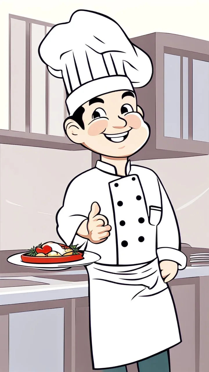 A design of a chef holding a dish in his hand in a professional manner, without the background, He smiles and closes one of his eyes, cute cartoon ,Only his upper body is shown