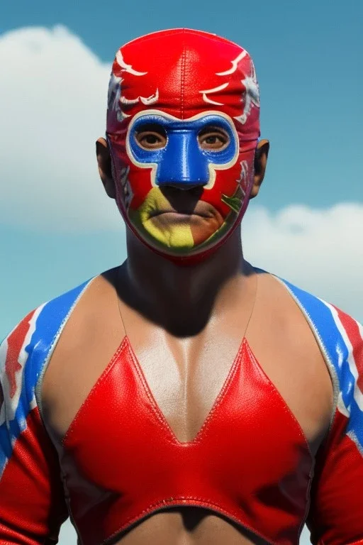 realistic image of joe biden as a mexican wrestling fighter posing, Mexican eyes wrestling mask, red and blue breeches, retro style, 80s, vibrant color, highly detailed, sky background, concept art, unreal engine 5, god rays, ray tracing, RTX, lumen lighting, ultra detail, volumetric lighting, 3d, finely drawn, high definition, high resolution.